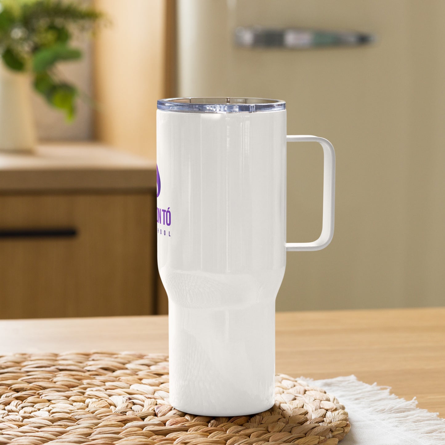White Travel mug with a handle