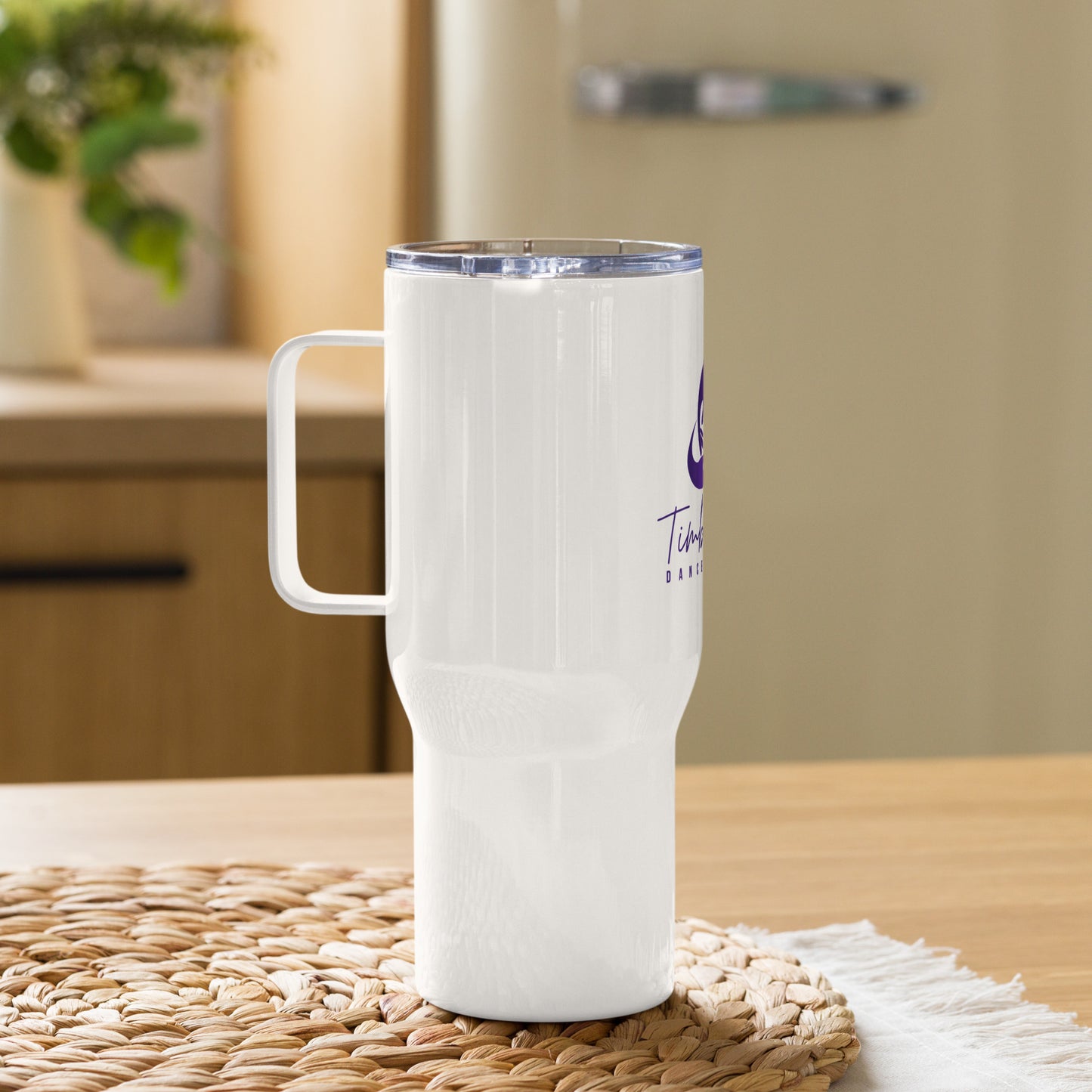 White Travel mug with a handle